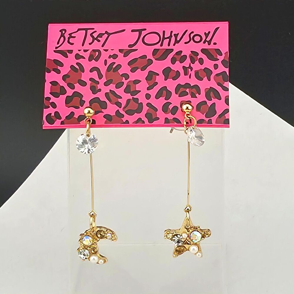 MOC Betsey Johnson Crystal Star Moon Dangle Earrings 1.75" Pierced Gold Plate